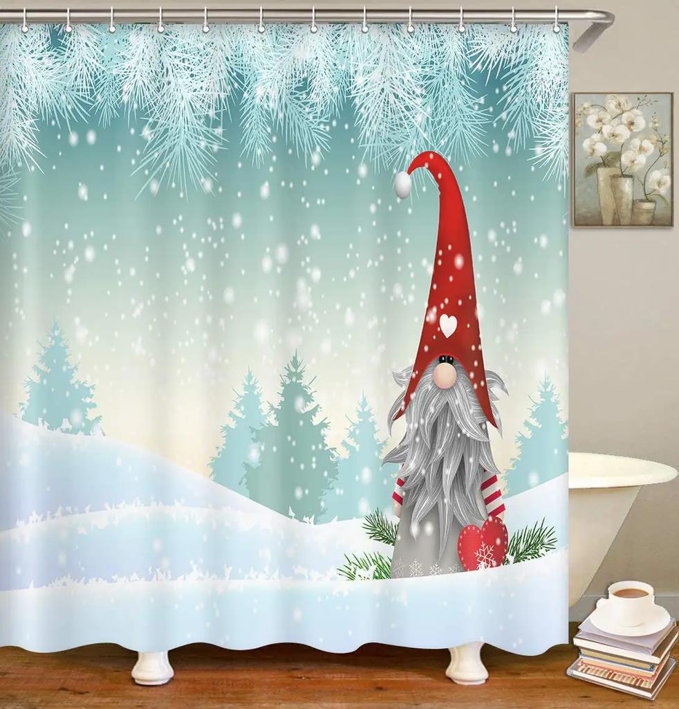 Christmas Gnomes Shower Curtain Set,Cute Winter Xmas Holiday Tree Buffalo Check Plaid Shower Curtains For Bathroom Decor,Hooks