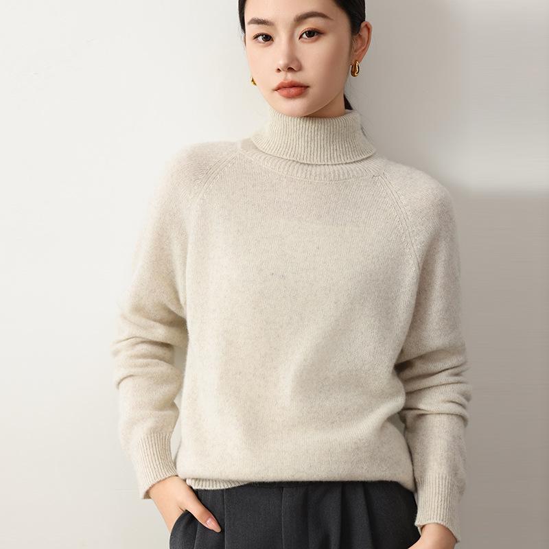 Elegant High Neck Yak Wool Sweater - Autumn/Winter 2026: Women's Loose, Slimming, Solid Color Base Layer