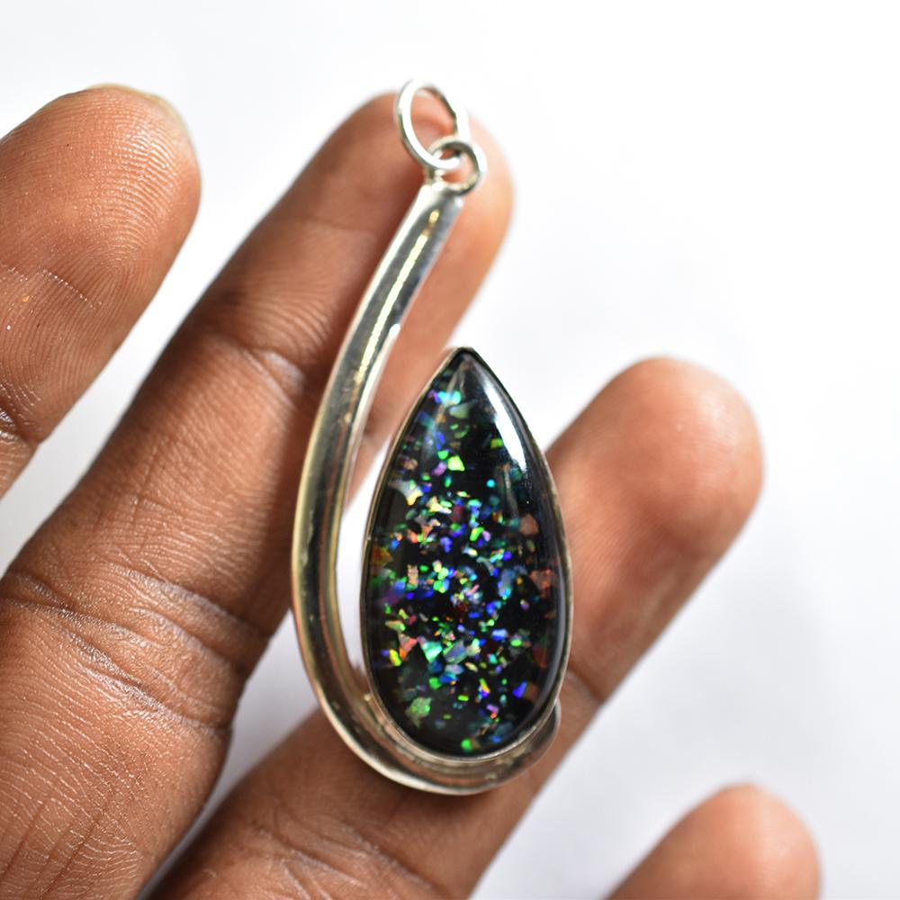 Natural Opal Pendant 32.2 ct Multicolor 925 Sterling Silver Pear Cut October Birthday Birthstone