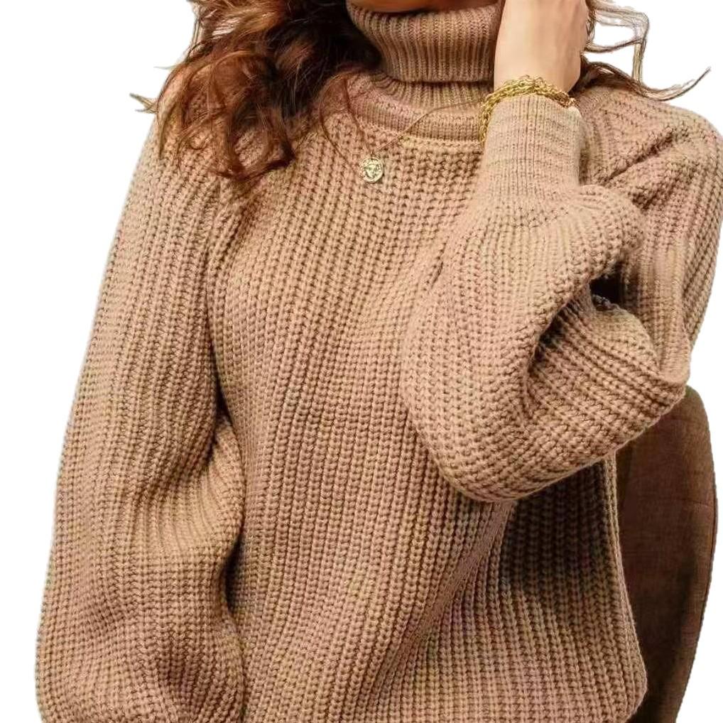 2025 Women's Knit High Neck Sweater - Loose Fit, Thick, Solid Color for Autumn/Winter