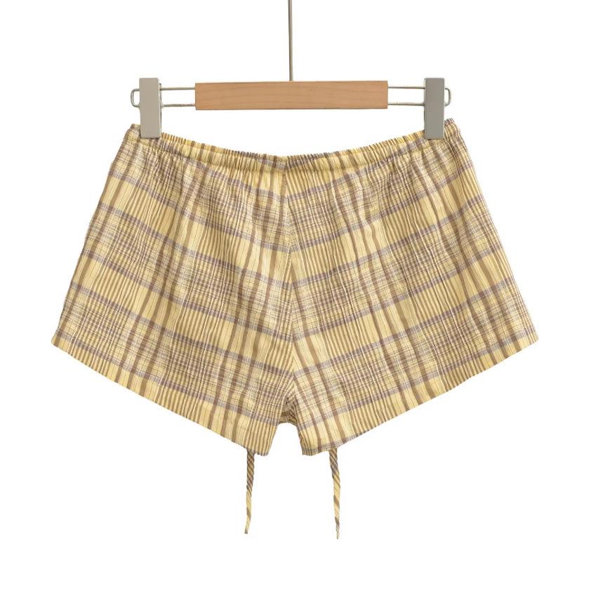 Women's Yellow Plaid Halter Vest & Elastic Waist Shorts Set - Summer 2026