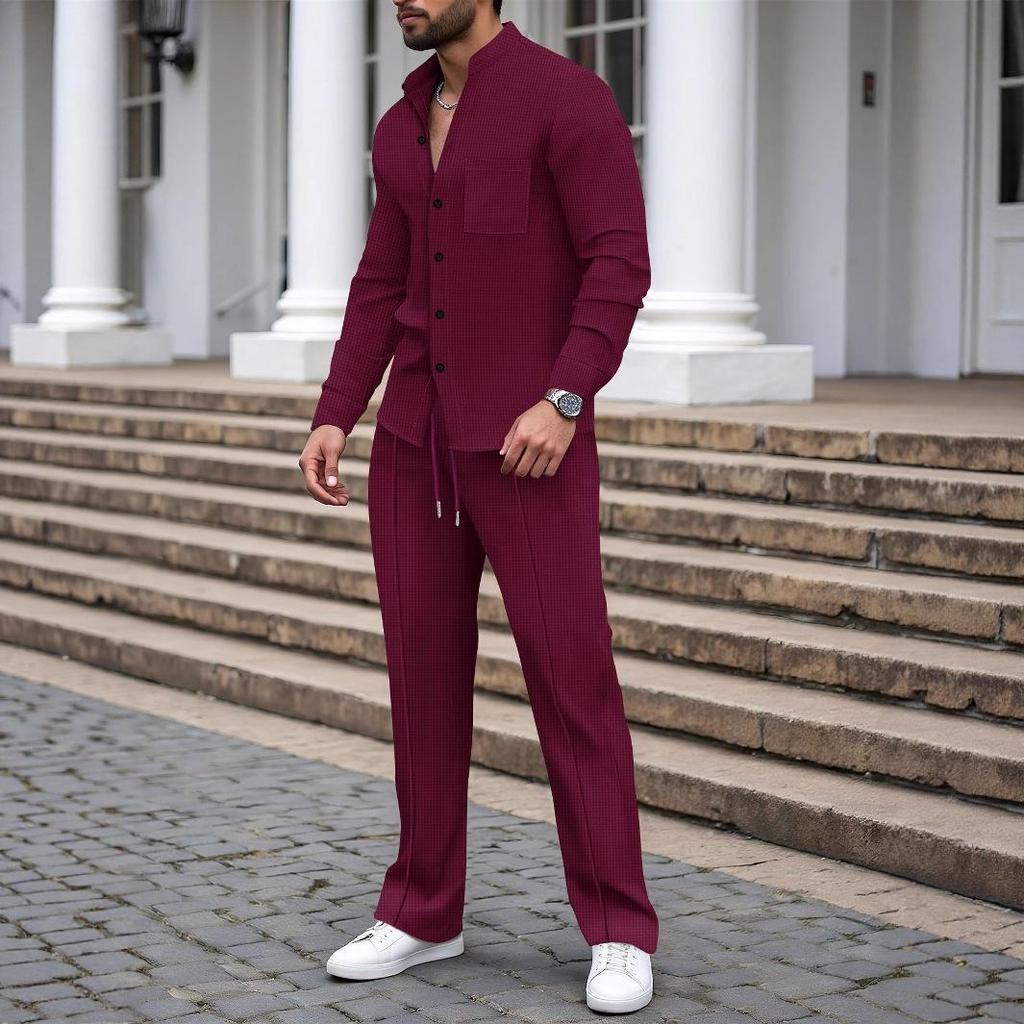 Men's European Autumn Waffle Knit Stand Collar Cardigan & Long Pants Set