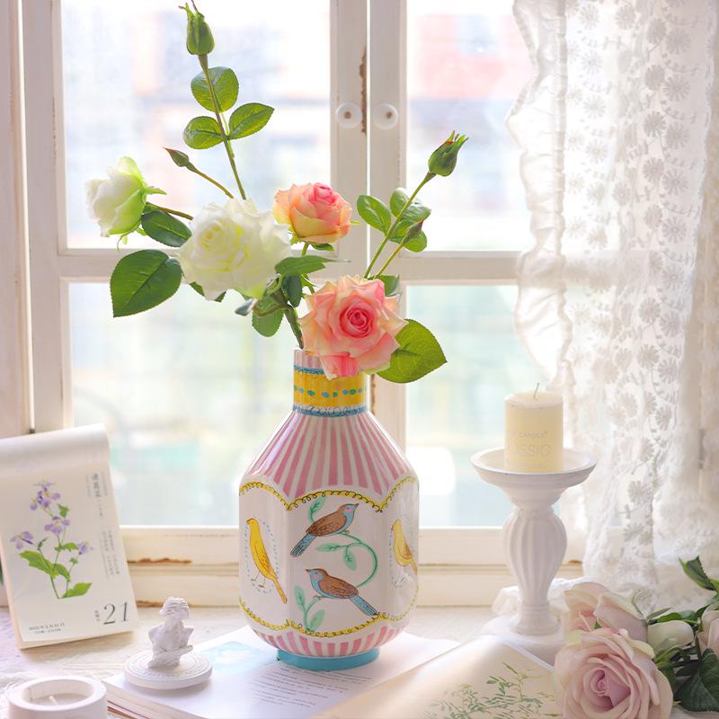 Nightingale and Rose Ceramic Vase: High-End Pastoral Flowers & Birds Ornament for Living Room