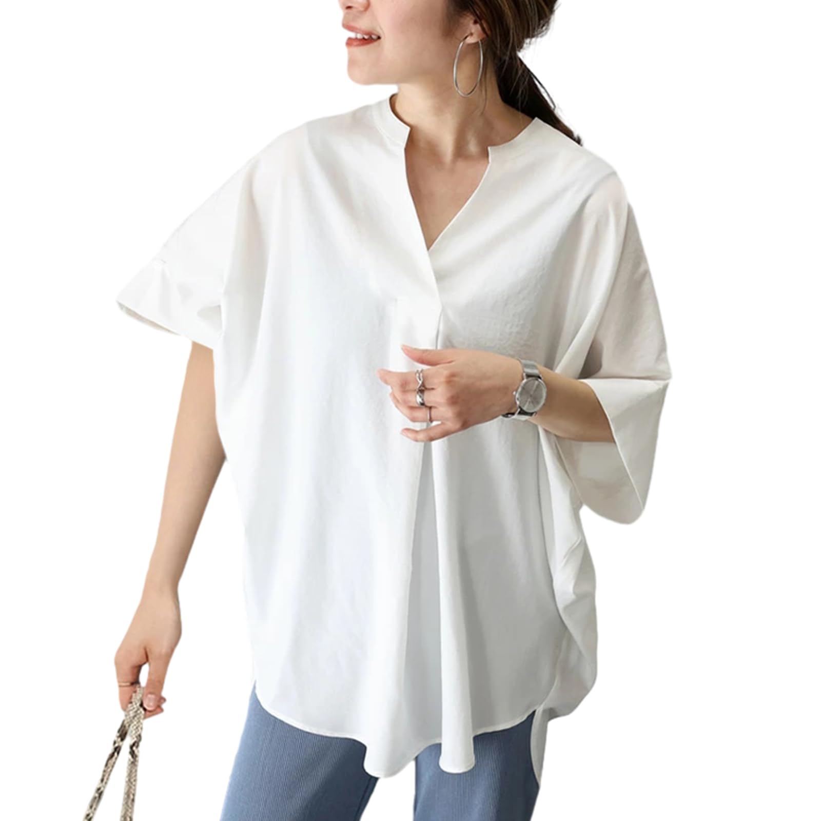 

Блузки для женщин с рукавами «летучая мышь», короткими, осенние [MEME XTRA], топы, рукава, воротник, V-образный вырез, рукава, пуловер, стройнящие, скрывающие фигуру, элегантные, белый