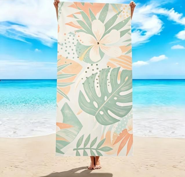 Pastel Tropical Leaves Hibiscus Print Beach Towel, Large Microfiber Sand Free Quick Dry Towel For Beach Pool Camping Towels