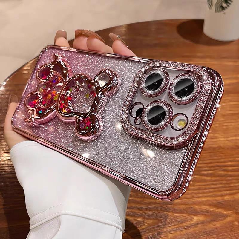 Quicksand Violent Bear Applies To Apple 17 Mobile Phone Case Electroplated Rhinestone iPhone16promax Lens Flash Drill Soft Case