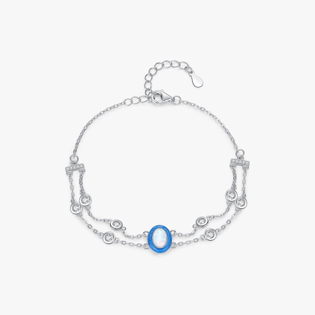 925 Sterling Silver Gradient Color Enamel Oval Opal Multi-layer Link Chain Charm Bracelet for Women Fine Jewelry
