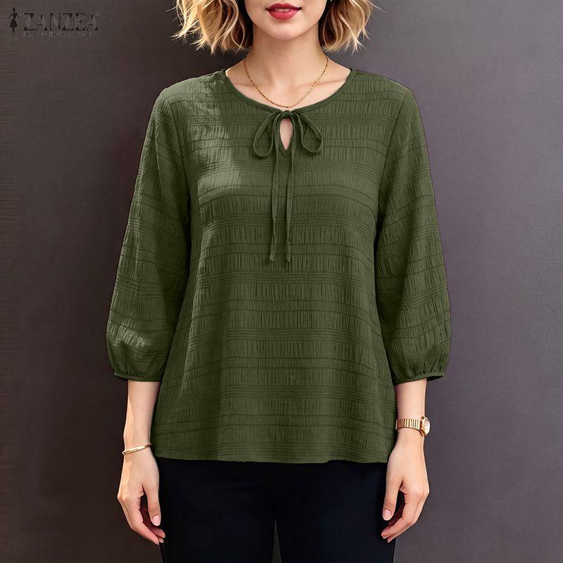 ZANZEA Women Casual Round Neck Solid Color Loose 3/4 Sleeve Blouse