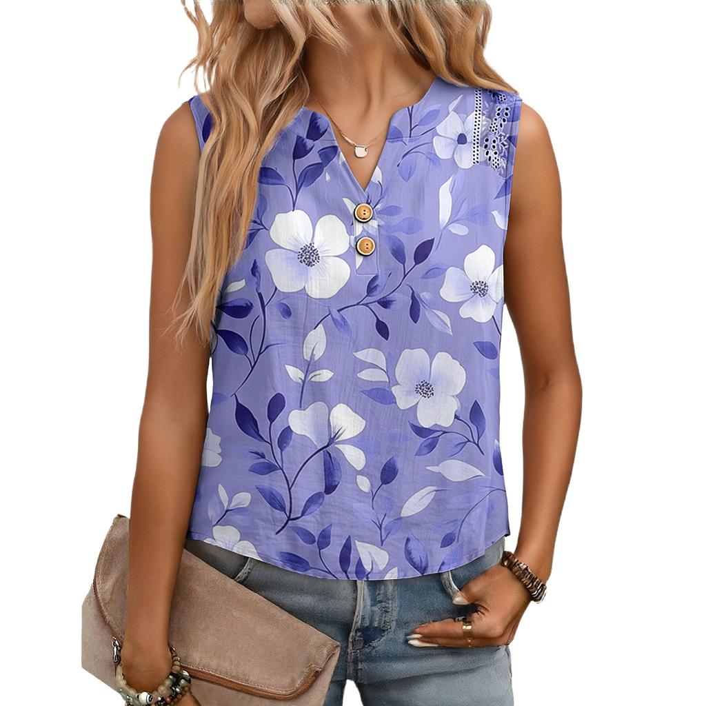 Women's Casual, Loose-Fitting, Printed, Sleeveless Linen Blouse