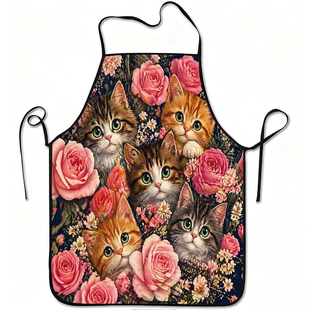 1pc Cute Cats And Roses Print Apron, Durable And Easy to Clean, Adjustable Waistband, Polyester Material, for Kitchen Cooking, Gardening, Orchard Pick