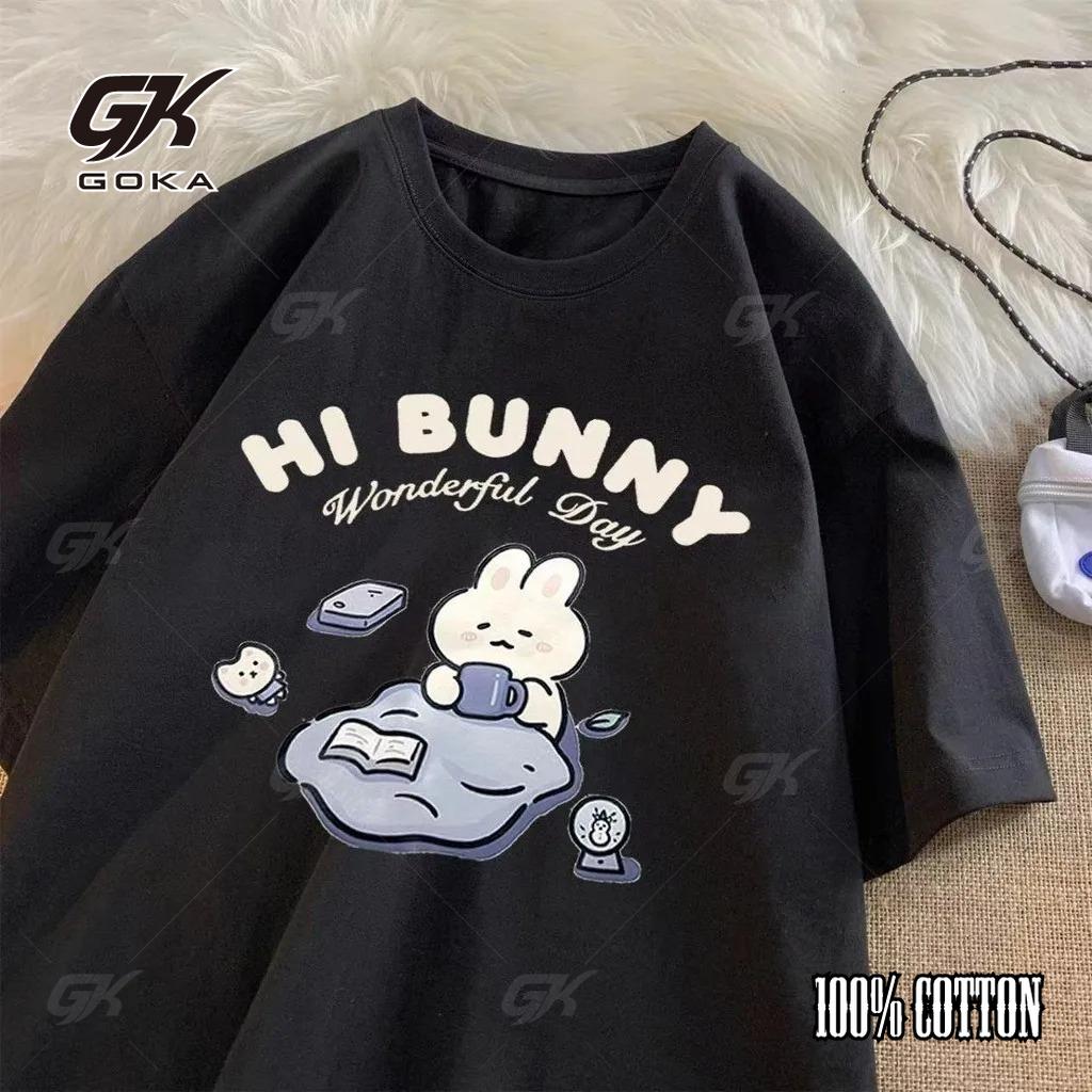 

Summer Japanese Cute Tea-drinking Rabbit Printed Short-sleeved T-shirt for Ladies and Boys Same Loose Casual Cartoon Top S