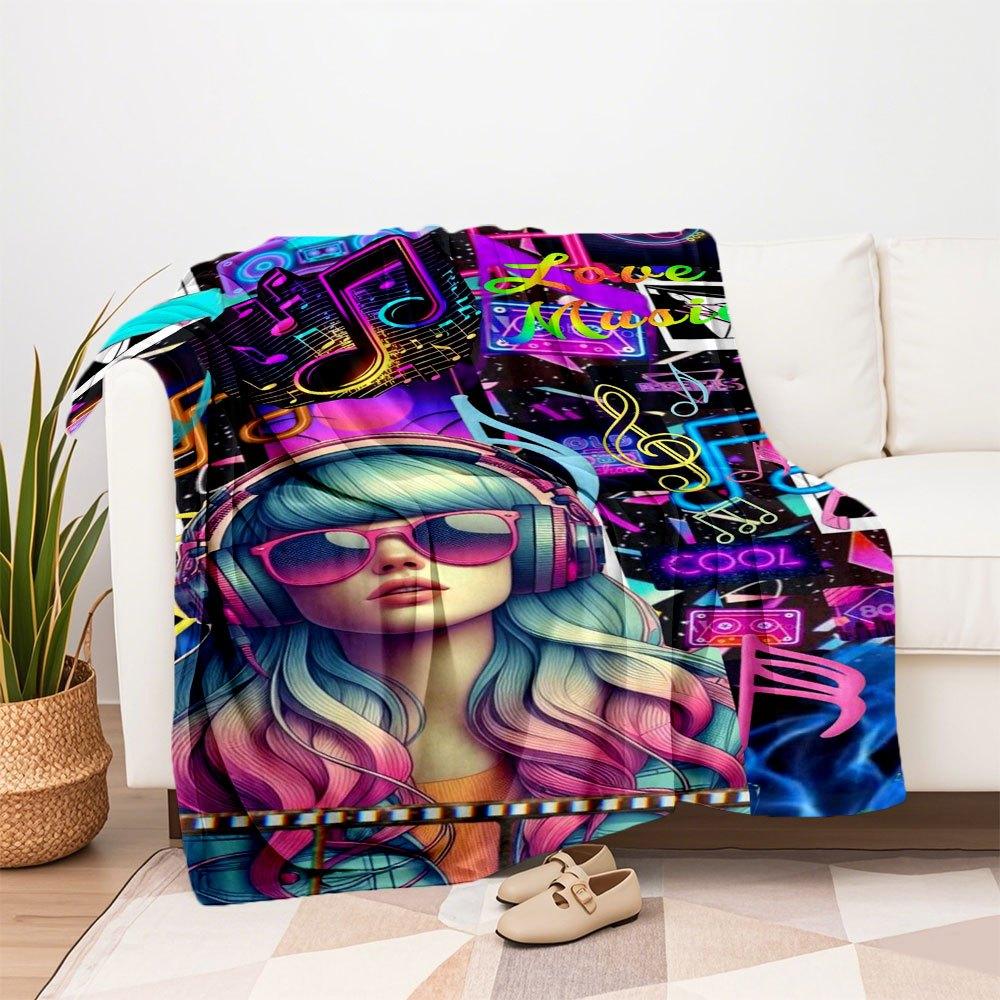 "80er Jahre Neon Musikfestival Kopfhörer Damen Hoodie" Decke Flanell Überwurfdecke für Sofa, Bett, Reisen, Camping, Büro