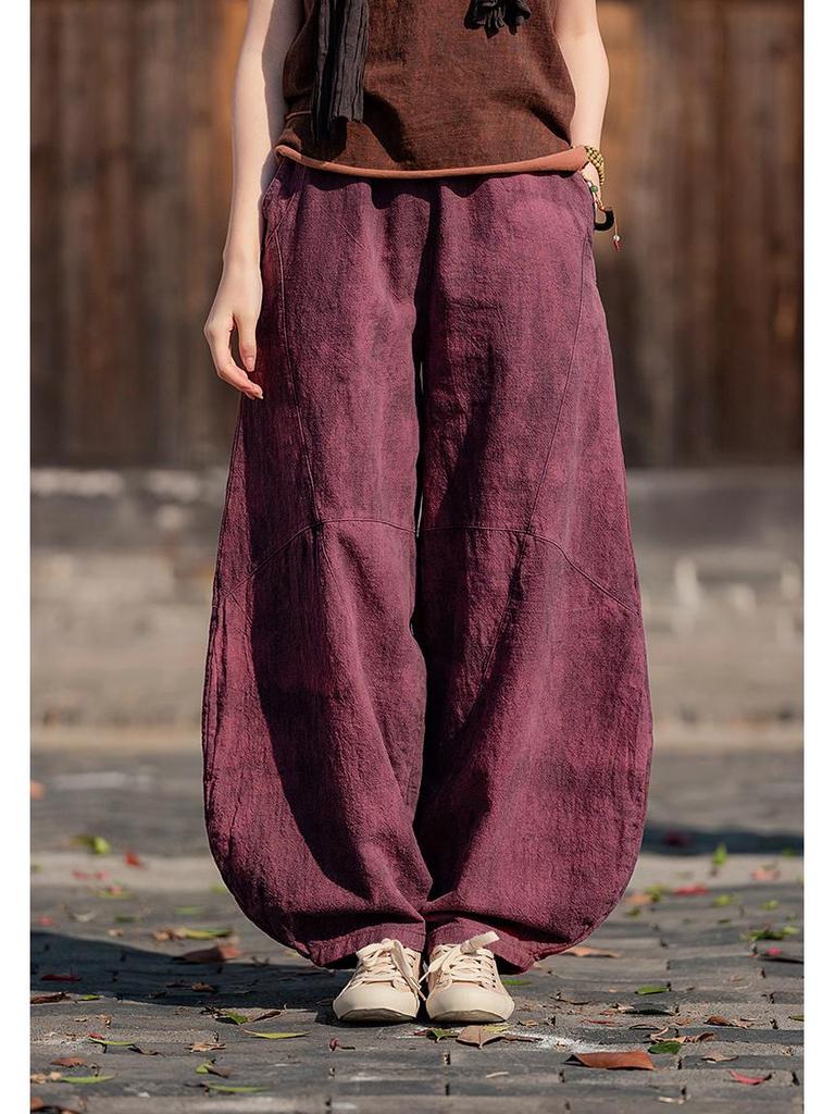 Women's Loose Casual Ramie Lantern Pants - Sand-Washed Distressed Cotton Linen Zen Tai Chi Pants