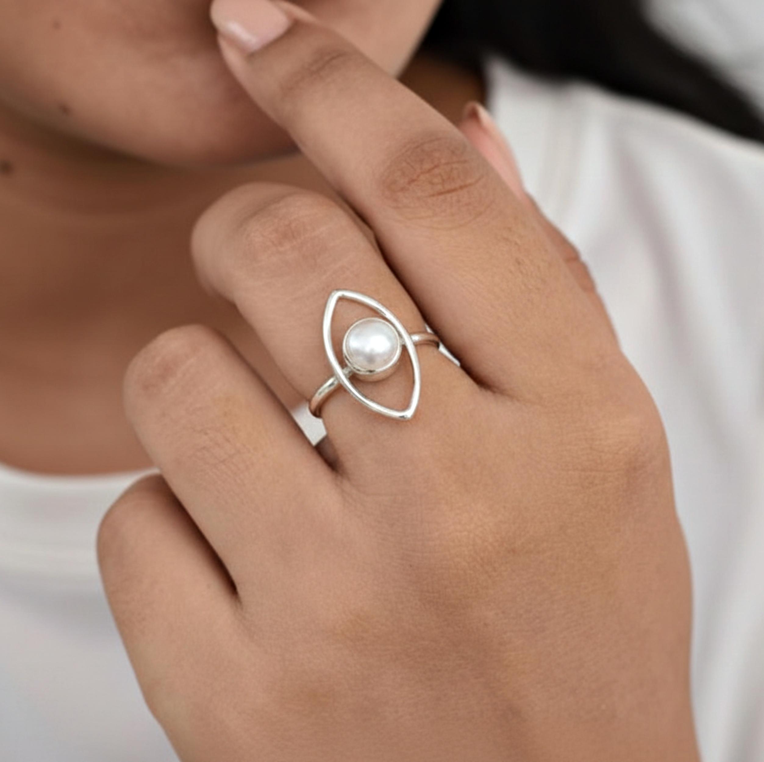 

Natural Round Pearl Eye Ring, 925 Sterling Silver Jewelry, Handmade Minimalist Ring for Women 12 срібний