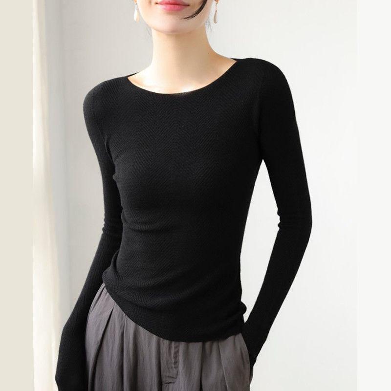 Gray round Neck Long Sleeve Knitted Sweater Women's Autumn and Winter Texture Slim Bottom Sweater