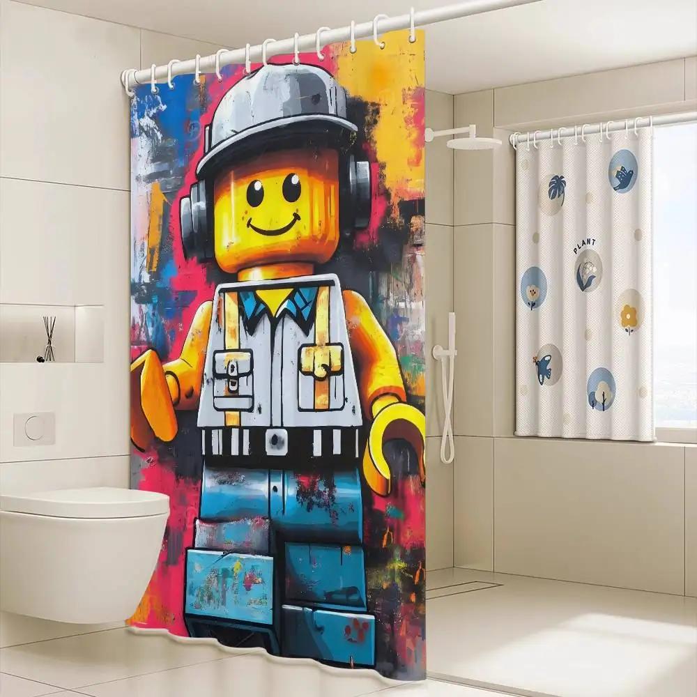Cartoon Abstract Fun Various Occupations L-Legos Shower Curtain, Bathroom Decorative Shower Curtain, Waterproof Shower With Hook