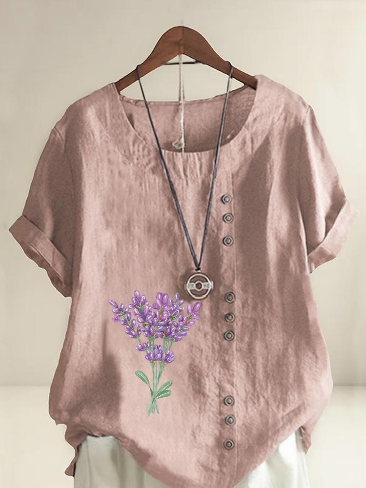

Women s Fashion Purple Bouquet Printing Shot Sleeve T-shirt Loose Cotton Shirt Casual Loose Summer Blouse Tops Plus Size S