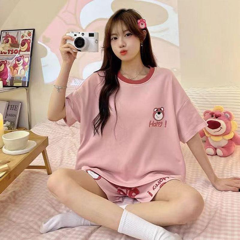 Summer Cute Strawberry Bear New Pajamas for Women, Crew Neck Short-sleeve Loungewear Three-piece Set, Casual and Sweet Style, Suitable for Outdoor 