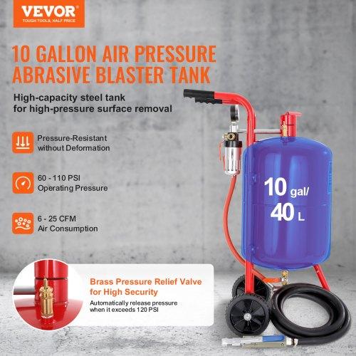 VEVOR 10Gal/40L Sandblaster Equipped with Nozzle Shut-Off Valve Pressure Gauge Ceramic Nozzle 2.5m Hose Filling Funnel Watertrap 6\" Rubber