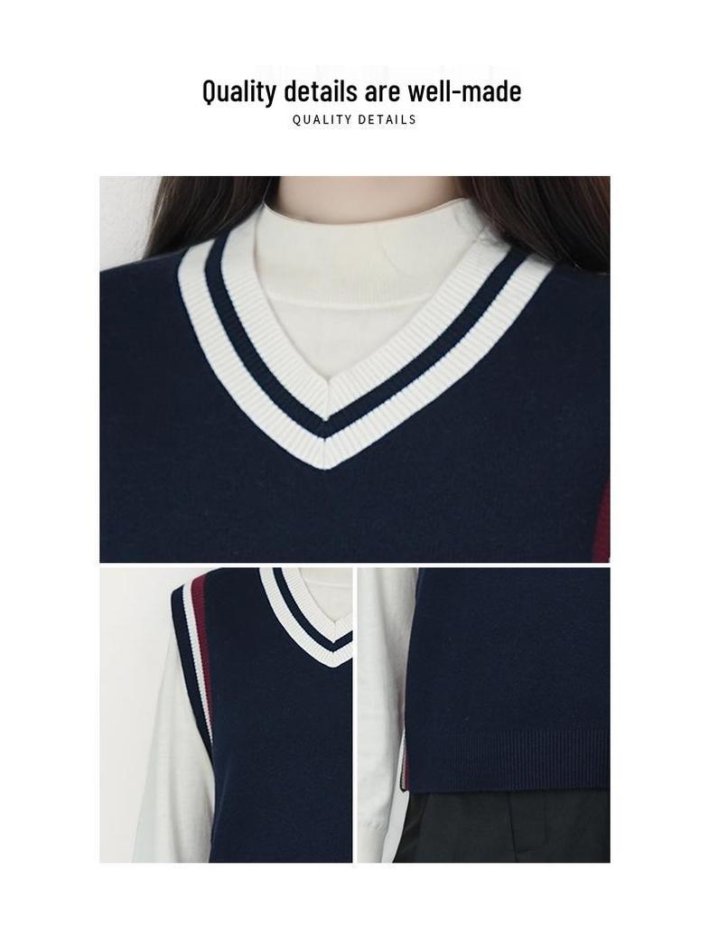 Knitted V-neck Color-Block Vest - Spring & Autumn School Uniform Style Sweater