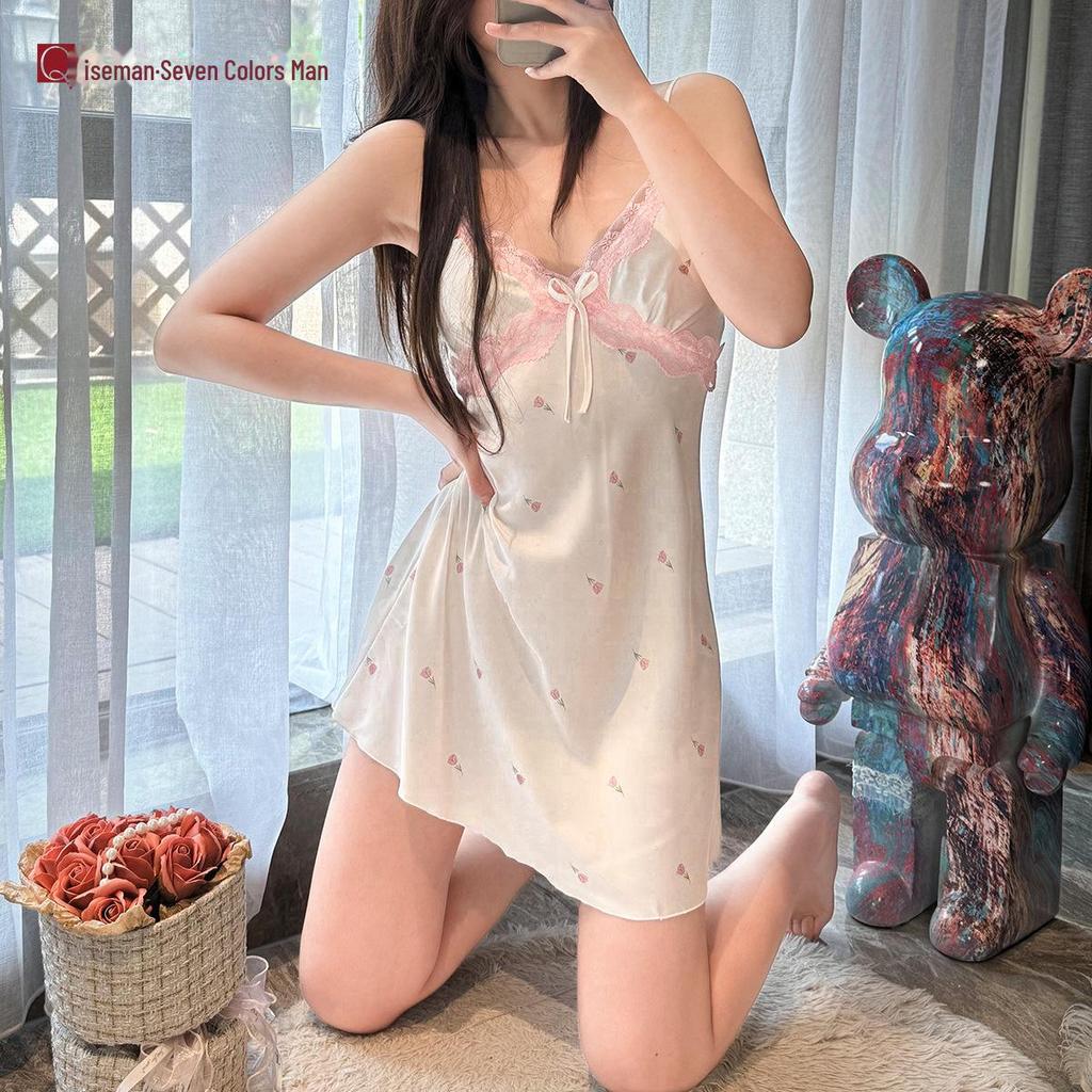 2024 Pure Desire Lace Suspender Nightdress with Chest Pads - Women's Floral Ice Silk Summer Dress for Pajamas or Outerwear