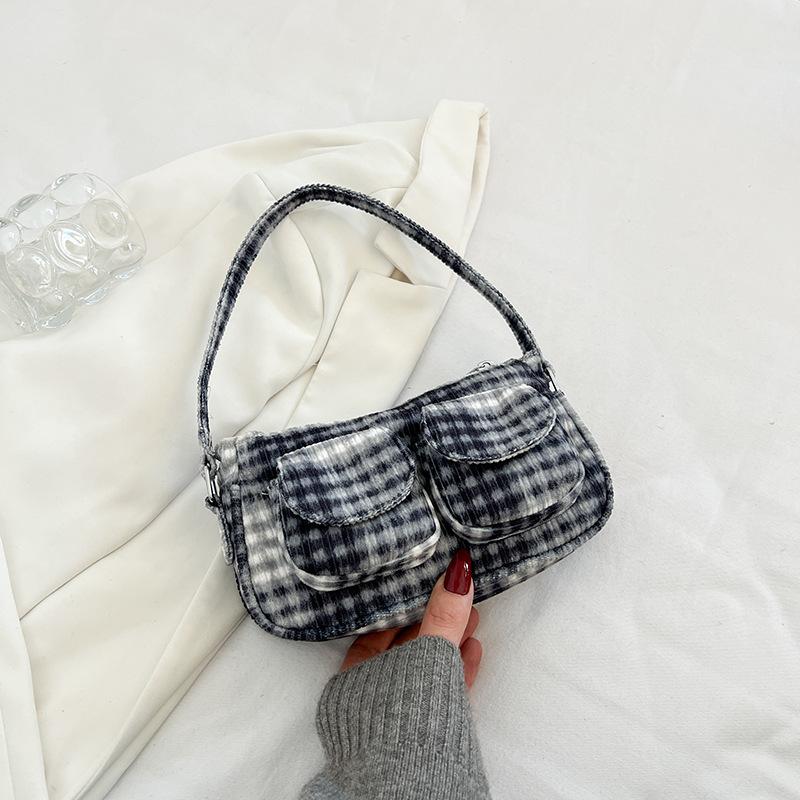 

Сладкая клетчатая сумка под мышку в иностранном стиле, милая, новая весенняя, женская, студенческая, для通勤, универсальная, на плечо серый