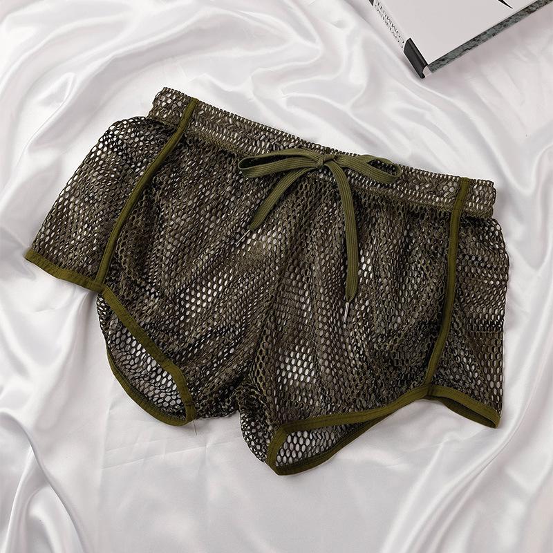 Pantaloni scurți de casă pentru bărbați, din plasă, cu picior plat, respirabili, cu gol transparent