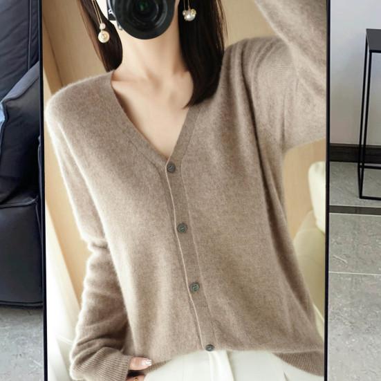 Women Knitting Sweater V-Neck Long Sleeve Button Down Sweater Cardigan Solid Color