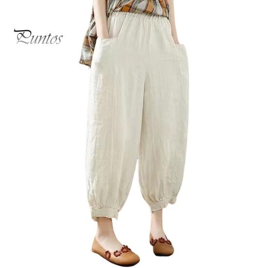 Loose Trousers Lantern Pants Summer Elastic Waist Solid Color Cotton Linen Dual Pockets Harem Ankle Length Fit Women Baggy Daily Wear Casual