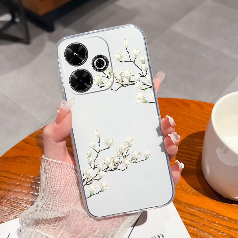 For Xiaomi Poco M6 Pro 4G Case Black Ink Rose Funda Soft TPU Transparent Silicone Protective Phone Back Cover Shockproof Bumper Poco M6 Pro (4G)