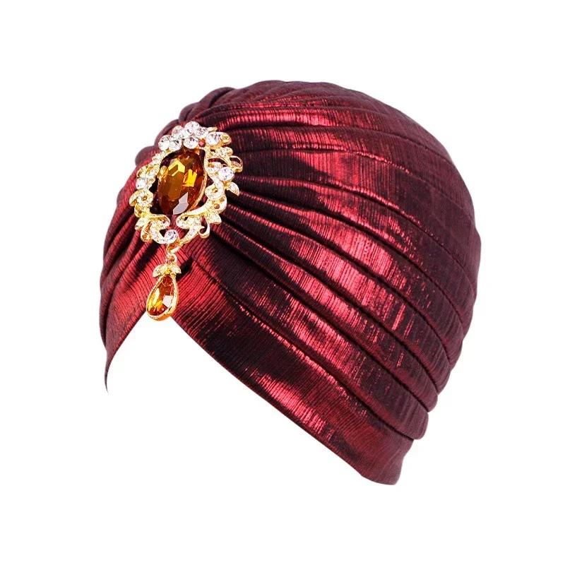 Indian Women Chemo Cap Muslim Diamonds Hijab Pleated Turban Wrap Headscarf Beanies Hair Loss Bonnet Hat Femme Turbante Mujer New