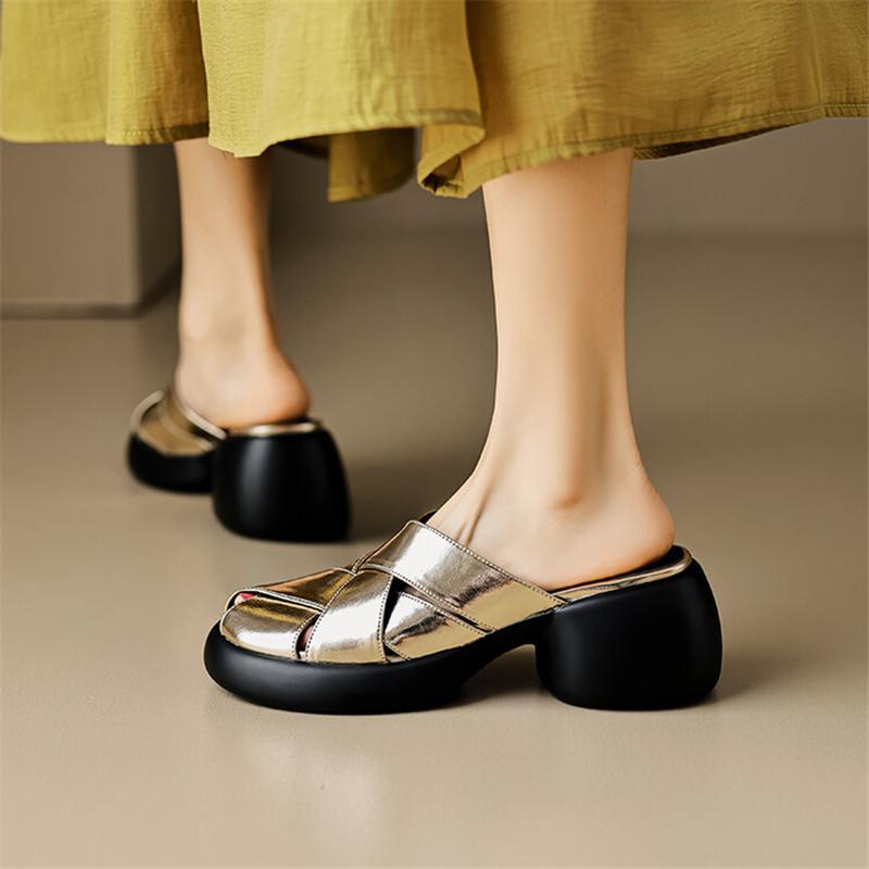 Fashion 2025 Summer Sandals Split Leather Round Toe Slippers Platform Gladiator Shoes Chunky Heels Shoes for Women Handmade High Heels