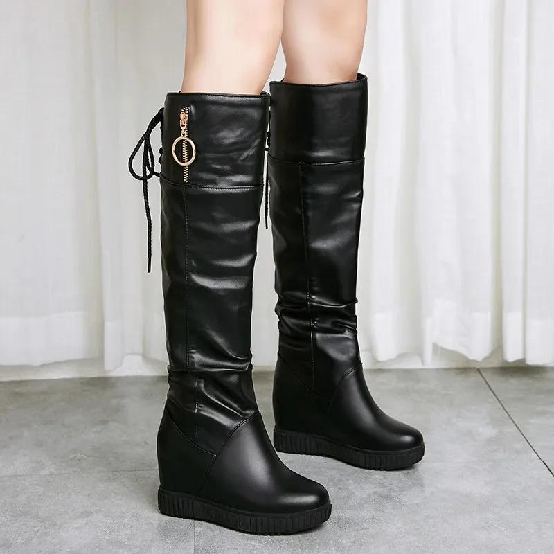 Fashion botas femininas women fashion sweet black patent leahter wedge heel boots lady casual spring & autumn comfort white boots ea406
