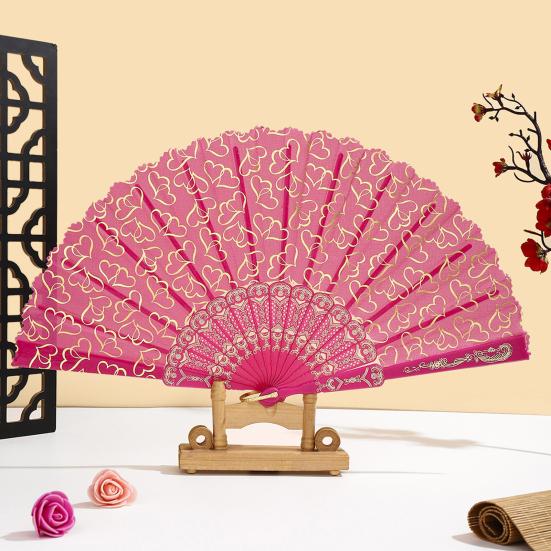 Ventaglio Pieghevole con Stampa Cuore Amore Stile Cinese Stecche Vuote Tessuto Ventaglio a Mano Ventaglio Portatile per Rinfrescarsi Oggetti di Scena per Danza Feste