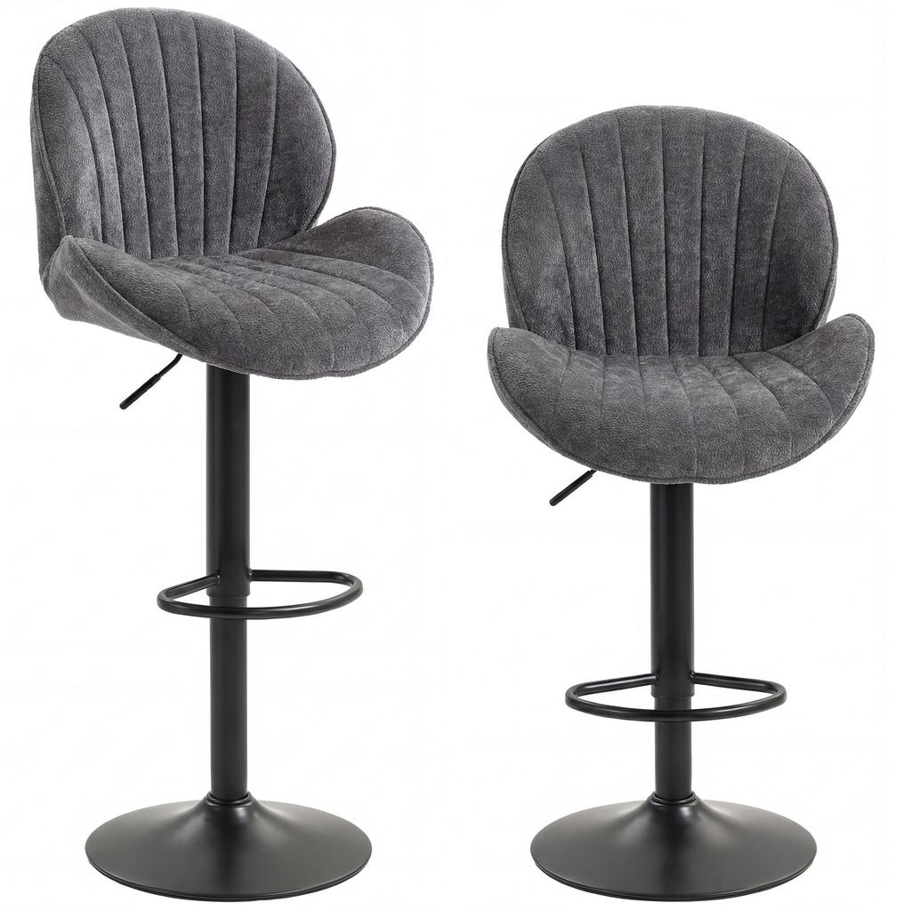 Bar Stools, Set of 2, Adjustable Height, 360 Swivel, Padded Seat, Backrest, Footrest, Grey
