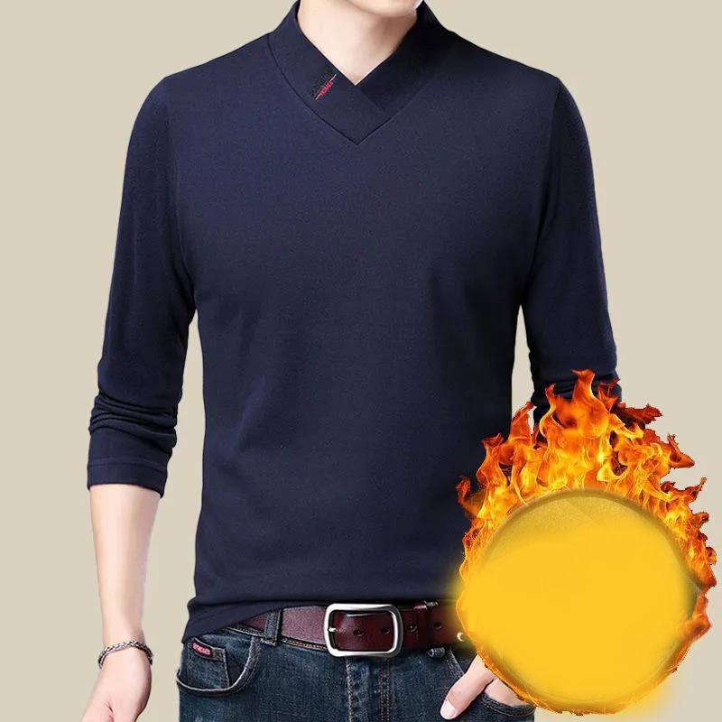 Winter Men's Long-sleeved T-shirt Sweater Double-faced Fleece Solid Color Warm Bottoming Shirt Half High Collar