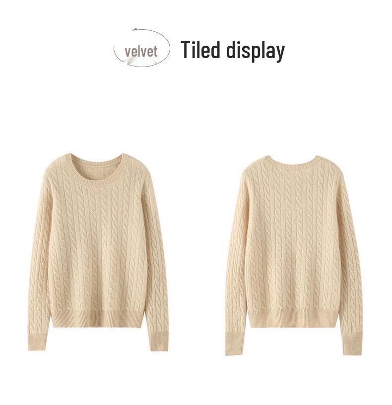 Women's Retro Cable Knit Cashmere Pullover Sweater, Round Neck, Slim-Fit, Autumn/Winter 2024 Collection