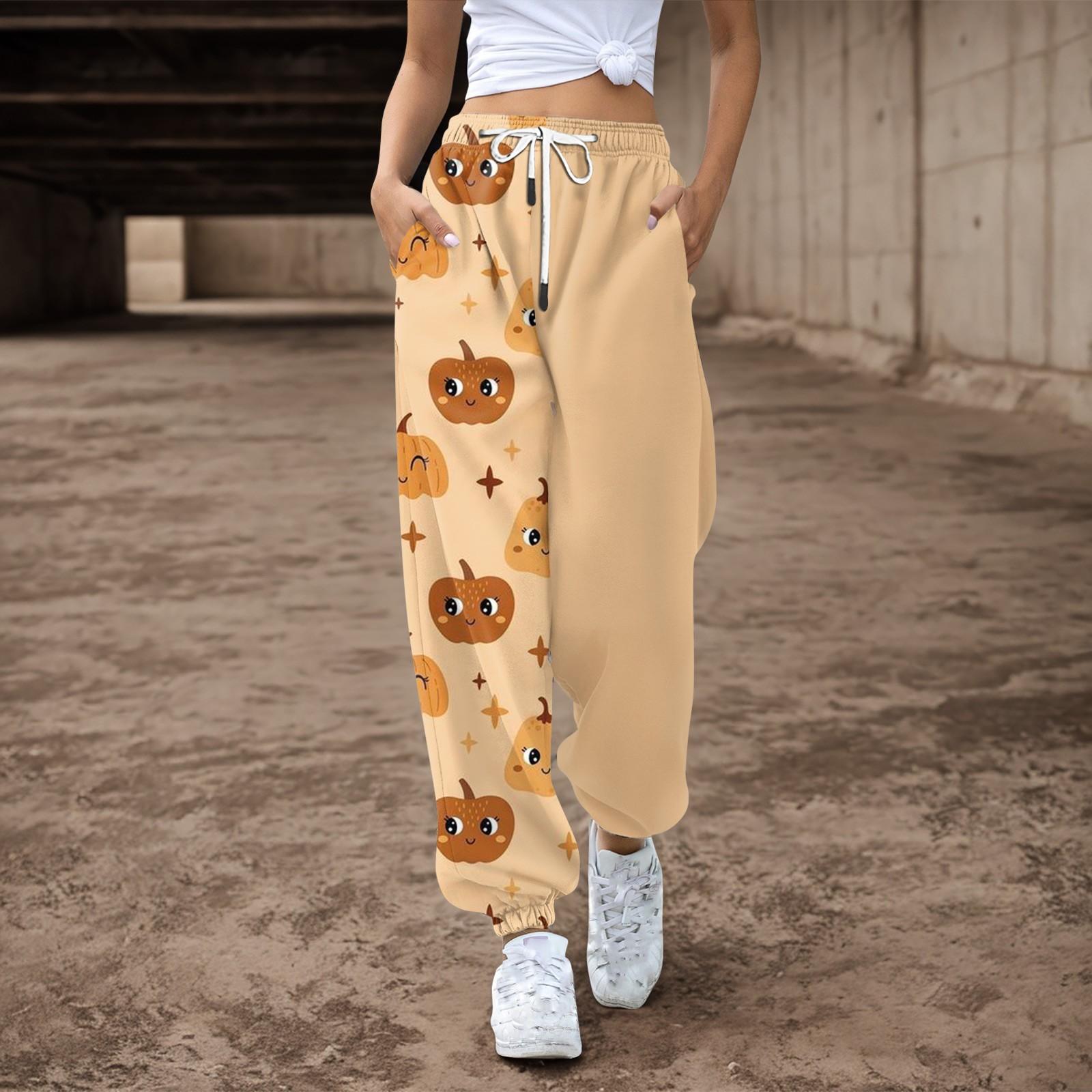 

Женские повседневные брюки с принтом на Хэллоуин, эластичные брюки с завязками на талии XL жёлтый