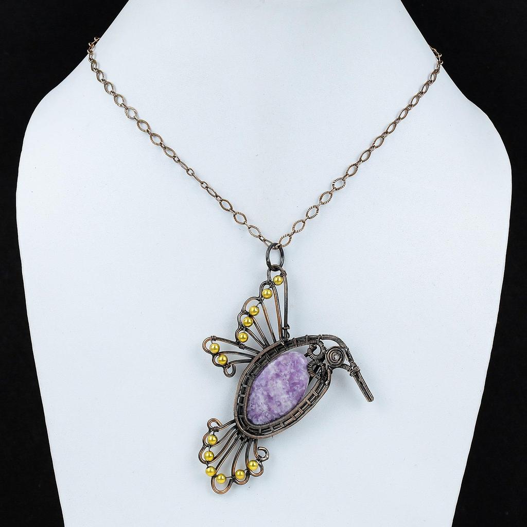 Lepidolith Anhänger Kupferdraht gewickelter Schmuck Edelsteinanhänger Kupferdrahtwicklung Vogelanhänger Eleganter Schmuck Handgefertigter Anhänger Geschenk für Ihn