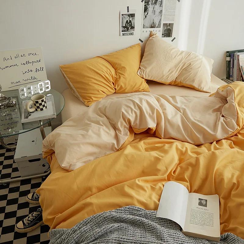 Fashion Solid Color Bed Sheet Style Duvet Cover Set Ab Double-Sided Color Matching Comfortable Sets Washed Cotton Bedding
