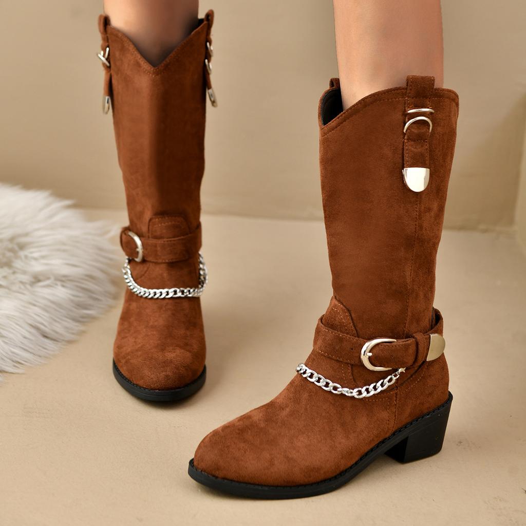 Women's Casual and Versatile Medium Boots New Fall Round Toe Chain Block Heel Solid Color Fashion Boots