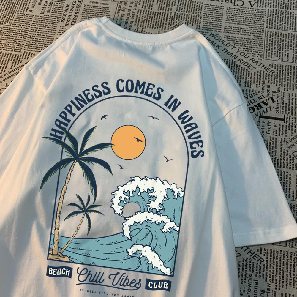 Happiness Comes In Waves Printing Unisex Unisex Clothes Fashion Loose Tops Creativity Casual T Shirt Pattern Loose Tshirts Couple