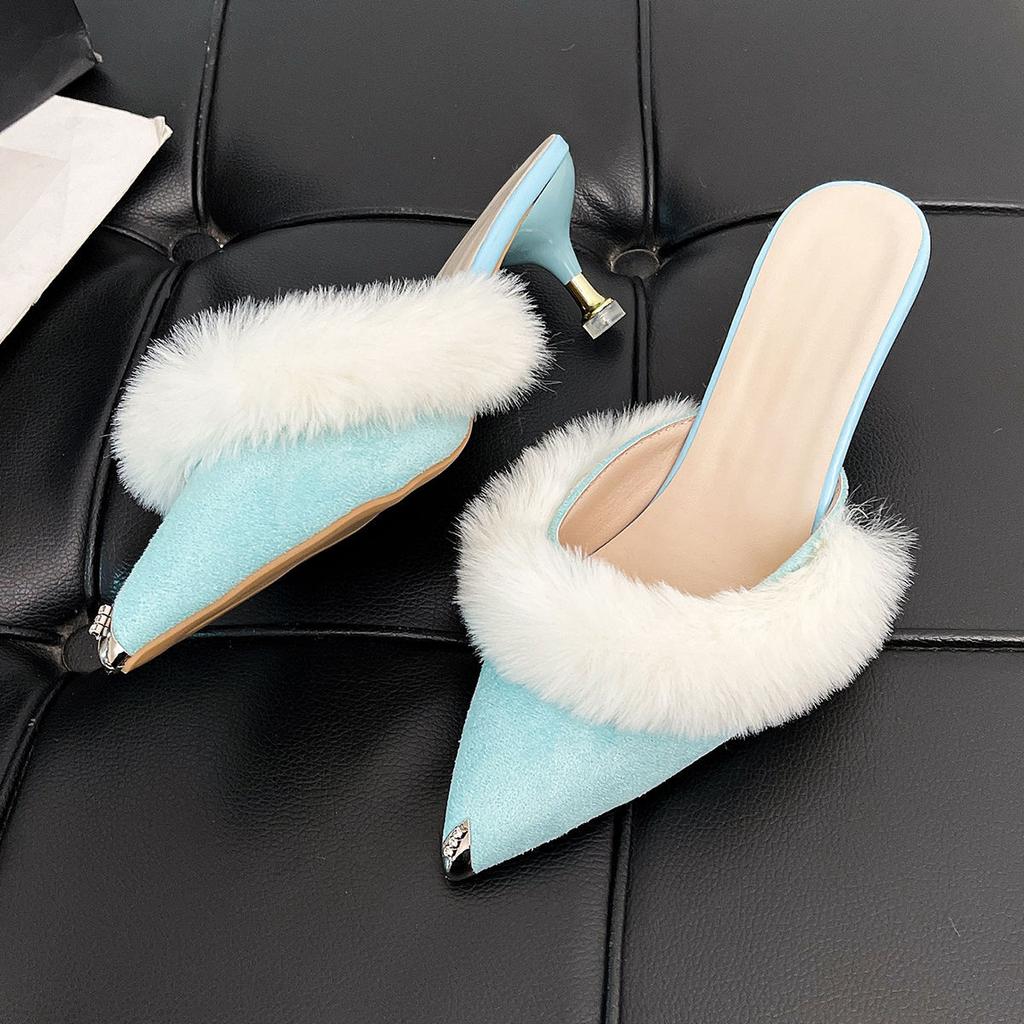 Winter New Women's Fashion High Heel Stiletto Internet Celebrity Hairy Half Slippers 2025 Trend Beautiful Color Bag Head Slippers Tide