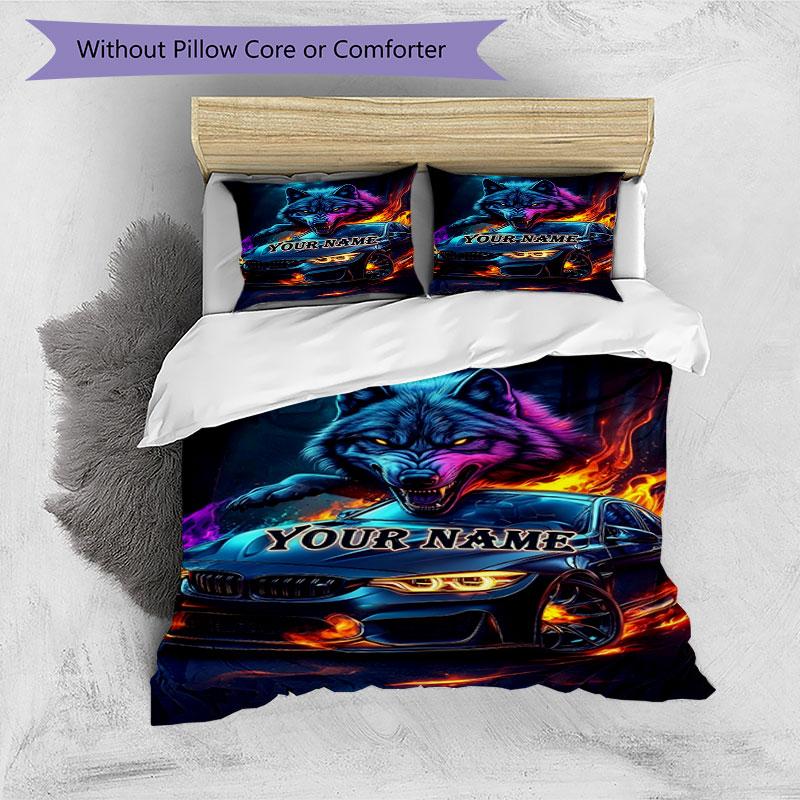 3pcs Custom Name Wolf Car Spirit" Bedding Set Printed Bedding Set Duvet Cover Closure Includes 1 Duvet Cover & 2 Pillowcases Bedroom Decor