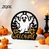 Autumn Seasonal Welcome Decor Halloween Ghost Pumpkin Round Wooden Door Hanger, Wall Plaque Hanging with Rope Rope, for Front Living Room Party