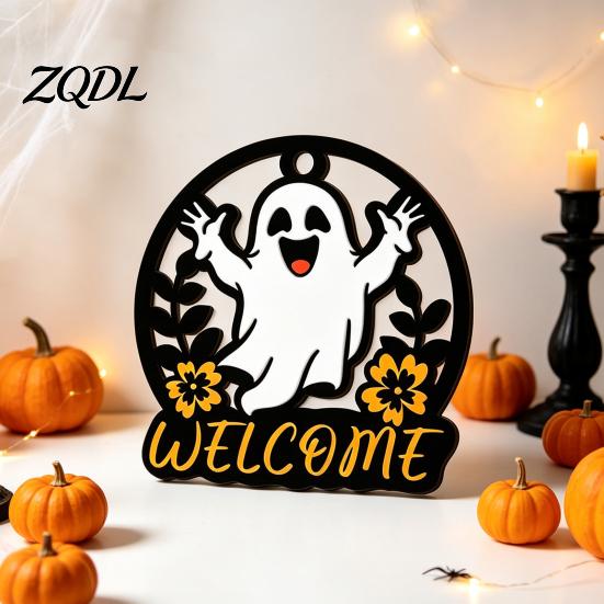 Autumn Seasonal Welcome Decor Halloween Ghost Pumpkin Round Wooden Door Hanger, Wall Plaque Hanging with Rope Rope, for Front Living Room Party