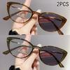 2PCS Light-sensitive color-changing cat eye style retro trendy non-face slimming flat light glasses high-end myopia glasses