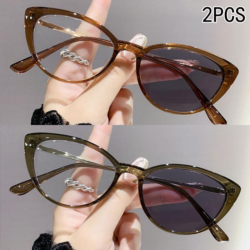 2PCS Light-sensitive color-changing cat eye style retro trendy non-face slimming flat light glasses high-end myopia glasses