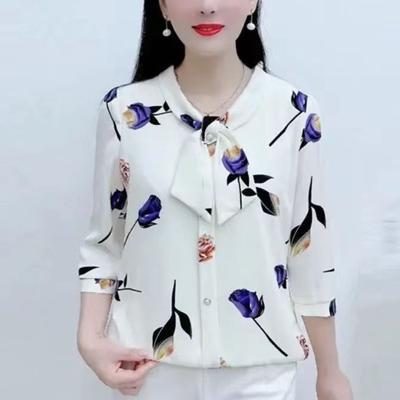 Summer Fashion Chiffon Shirt Middle Aged Women 3/4 Sleeve Printed Bottoming Blouse Mom Top New Commute Office Lady Korean Blouse