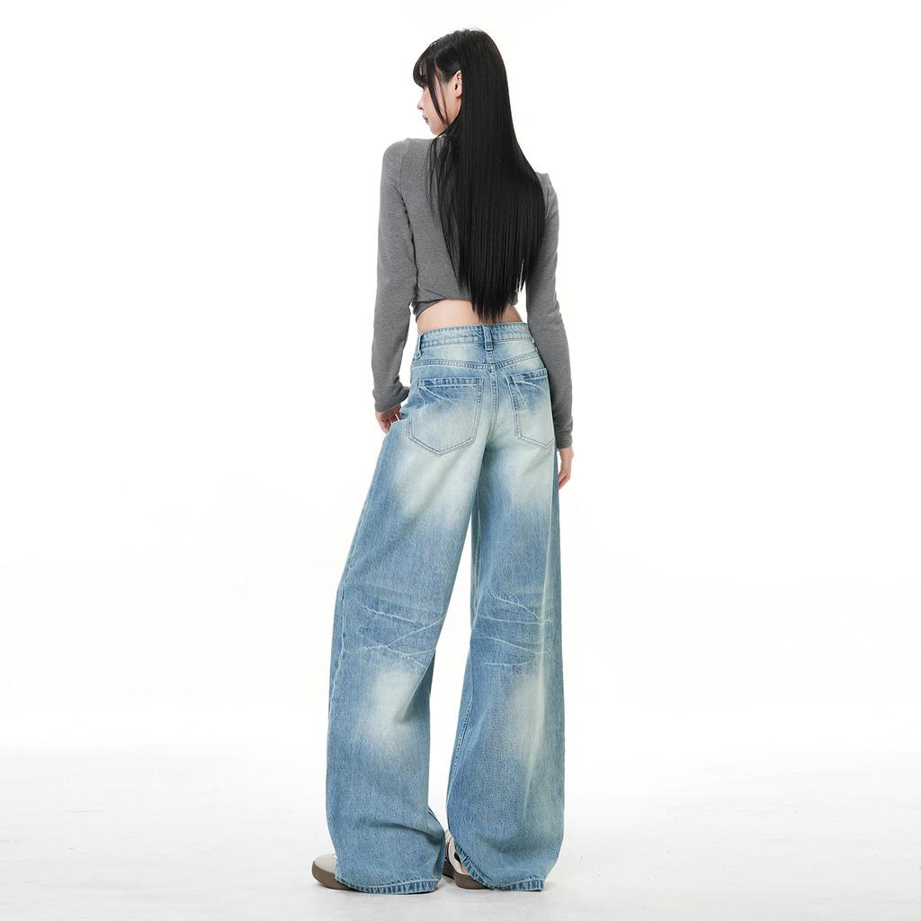 American retro light blue wide-leg jeans women's new high-waisted loose lazy wind mopping straight pants